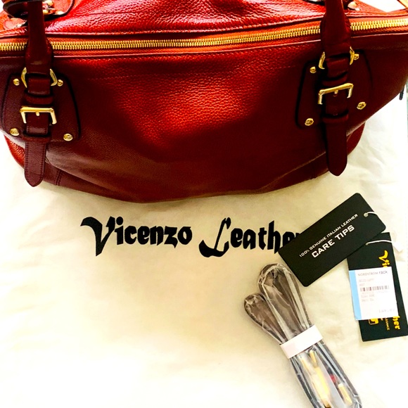 ✨Vincenzo Leather✨ Red Embossed Italian Leather Satchel w/Dusk Bag - Picture 1 of 12